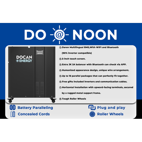 USA stocks DO-NOON 51.2V 300Ah 15KWh moveable Battery pack with WIFI