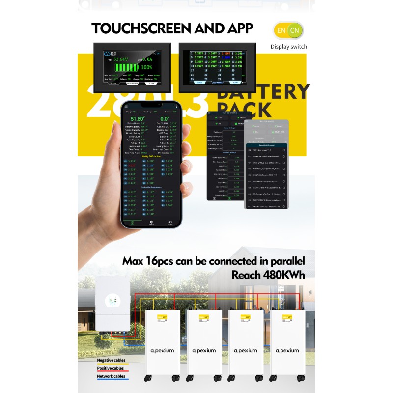 USA stocks Apexium L3 51.2V 280Ah 14.3KWh moveable Battery pack with JK PB2A16S20P V19 BMS